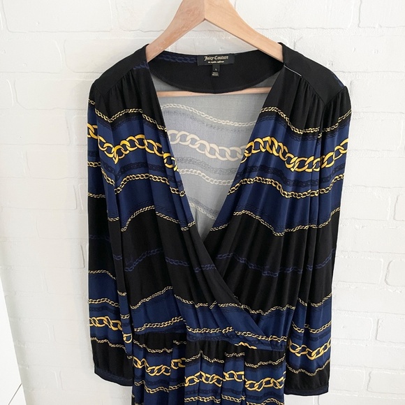 vintage Y2K Juicy Couture Mini dress Faux Wrap Scarf Chains print Navy Black L - Picture 6 of 13